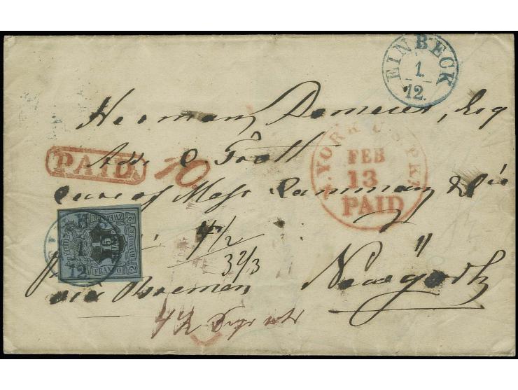 VEREINIGTE STAATEN: 1851/55, 1/15 Thaler auf blau, voll- bis breitrandig mit sauber auf- und zusätzlich nebengesetztem EKr. "