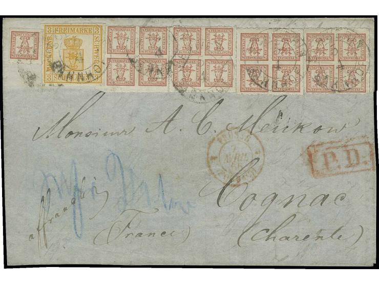 FRANKREICH: 1856, 3 Schilling orange, voll- bis breitrandig zusammen mit 1864, 4 Stück 4/4 Schilling sowie 1/4 Schilling, bis