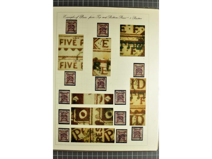 The plate types and basic plate varieties, unused and used collections with single stamps and large blocks on 25 illustrated 