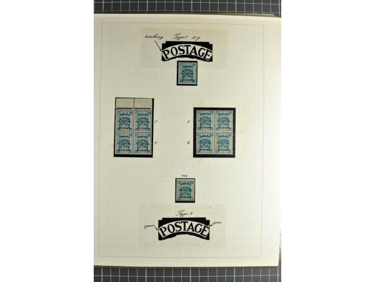 The plate types and basic plate varieties, unused and used collections with single stamps and large blocks on 25 illustrated 