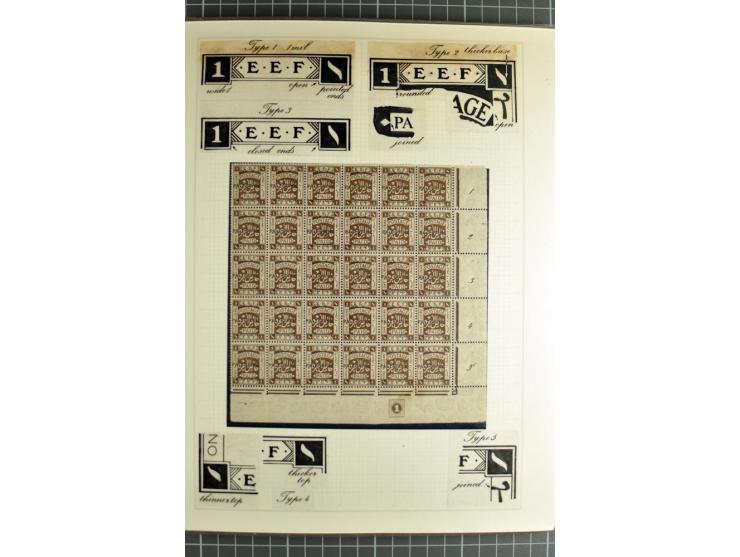 The plate types and basic plate varieties, unused and used collections with single stamps and large blocks on 25 illustrated 