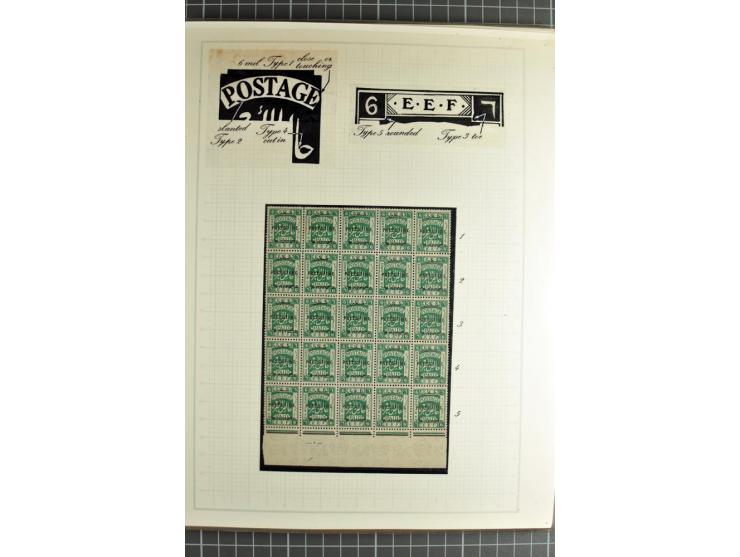 The plate types and basic plate varieties, unused and used collections with single stamps and large blocks on 25 illustrated 