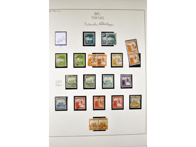 "A.P.C.", accumulation of about 200 used stamps ( also including London II) and 8 entires on album pages, several positions o