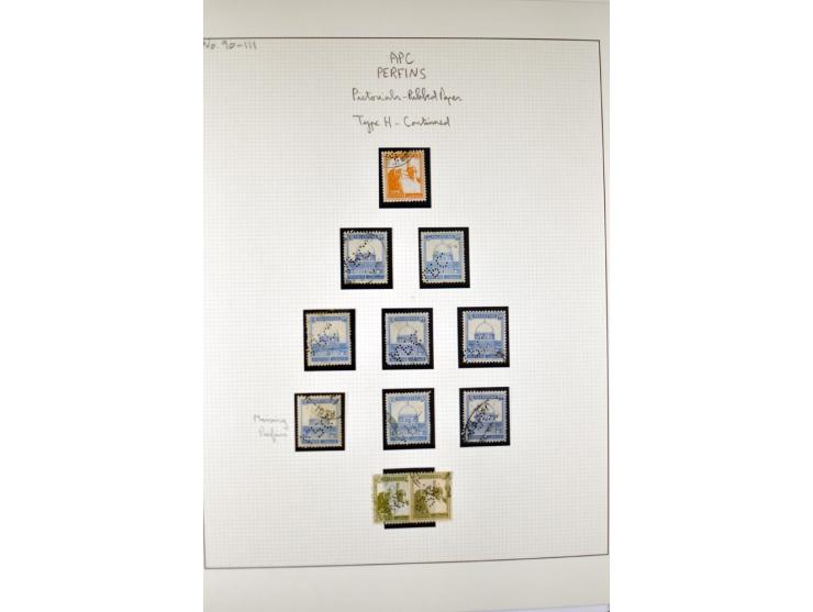 "A.P.C.", accumulation of about 200 used stamps ( also including London II) and 8 entires on album pages, several positions o
