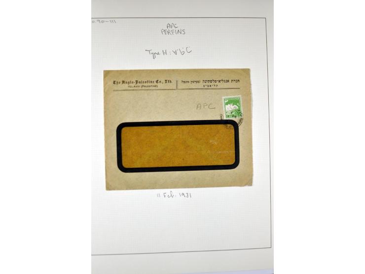 "A.P.C.", accumulation of about 200 used stamps ( also including London II) and 8 entires on album pages, several positions o