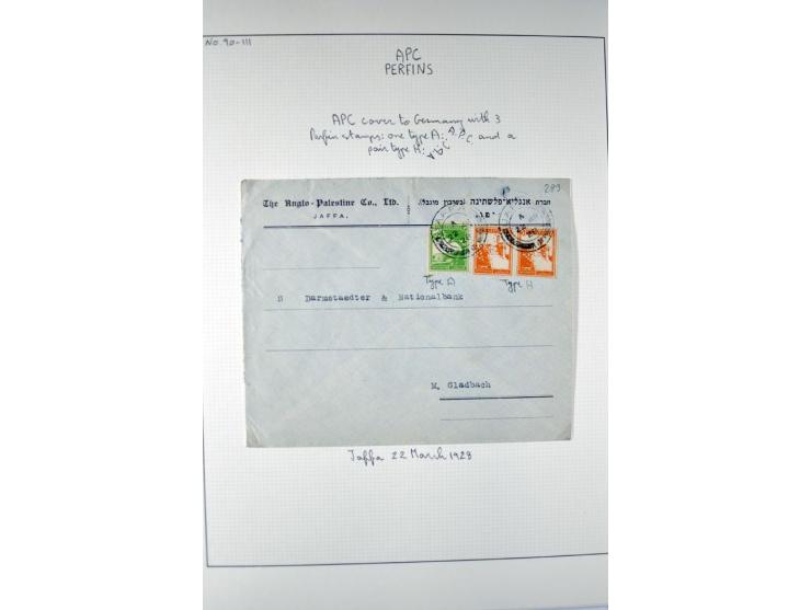 "A.P.C.", accumulation of about 200 used stamps ( also including London II) and 8 entires on album pages, several positions o