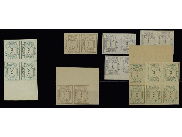 Imperforated plate proofs: 1 m. (2 pairs), 2 m. on white paper in block of four and on yellow paper (2 blocks of four) and 8 