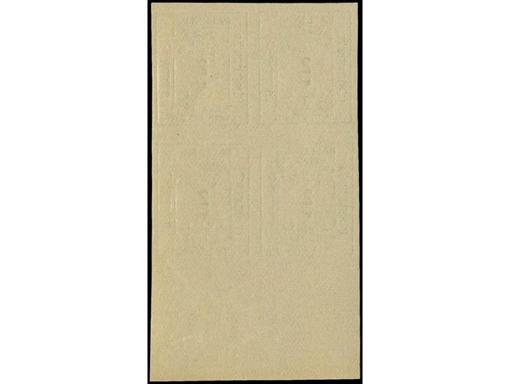 Imperforated plate proofs: 1 m. (2 pairs), 2 m. on white paper in block of four and on yellow paper (2 blocks of four) and 8 