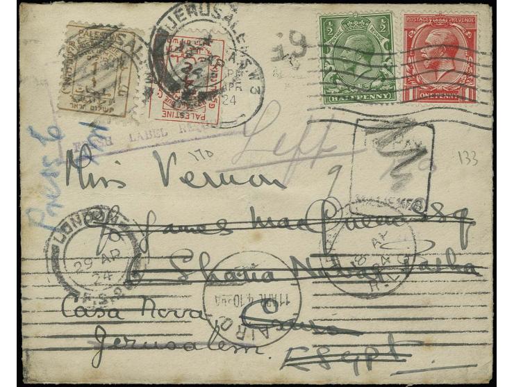 1 m. and 4 m. tied by cds. "JERUSALEM 12 AP 24" to cover originally sent from England with 1 d. and ½ d. to Cairo and redirec