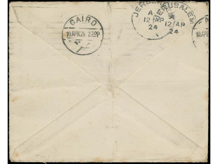 1 m. and 4 m. tied by cds. "JERUSALEM 12 AP 24" to cover originally sent from England with 1 d. and ½ d. to Cairo and redirec