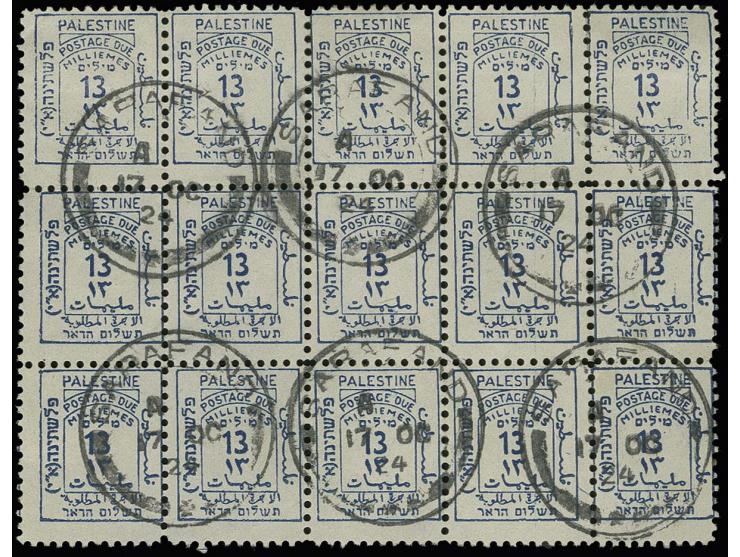 2 m. in marginal block of sixteen, 4 m. block of six and 13 m. in block of fifteen and 2 single stamps, all used, 2 copies 2 