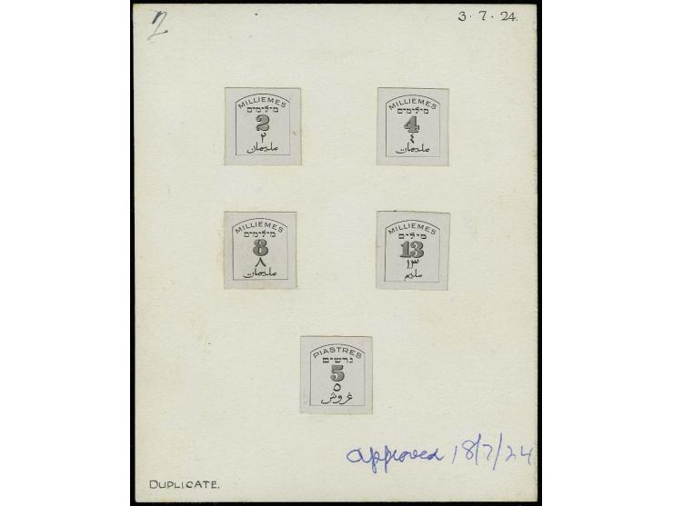 Die proof of value tablets 2, 4, 8, 13 m. and 5 pia. mounted on thick card, dated "3.7.24" with additional manuscript "DUPLIC