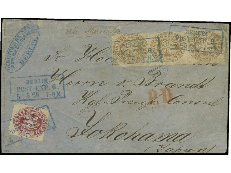 JAPAN: 1861, Wappen 1 Silbergroschen karmin und 3 Silbergroschen braun im senkrechten 3er-Streifen, die 1 Groschen unten Sche