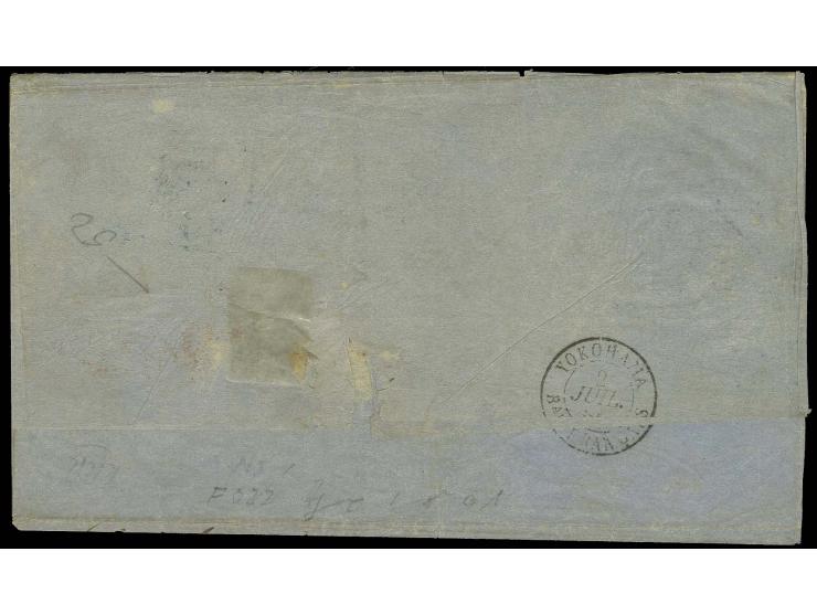 JAPAN: 1861, Wappen 1 Silbergroschen karmin und 3 Silbergroschen braun im senkrechten 3er-Streifen, die 1 Groschen unten Sche