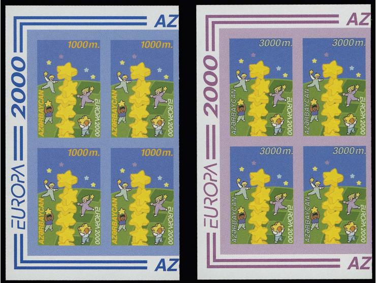 1000 m. and 3000 m. in imperforated blocks of four with sheet margins on 3 sides, unmounted mint