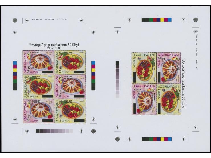 50th anniversary of CEPT stamps 20 q. on 1000 m. and 60 q. on 3000 m., combined proof sheet of miniature sheet and booklet pa