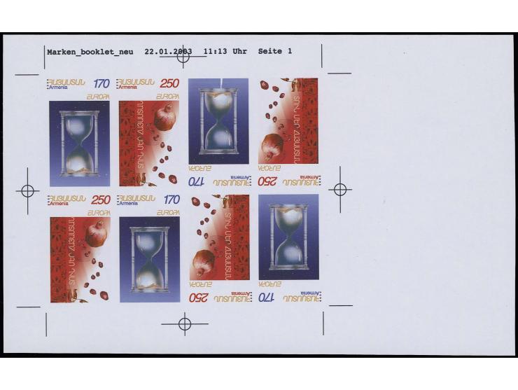 170 d. and 250 d., 4 values as proof for proposed booklet sheet with 2 tête-bêche blocks of four, imperforated; never issued 