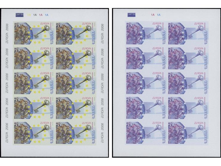 2006, 200 d. and 350 d., each in 4 imperforated progressive proof sheets incl. final design with large sheet margins with imp