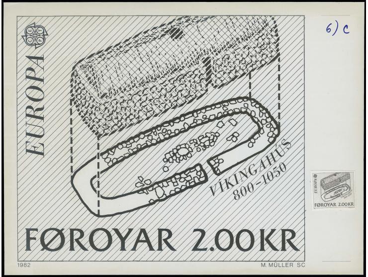1982, 2 kr., 6 artist drawings/prints with different stages of the design incl. 1 negative, 2 items with affixed imperforated