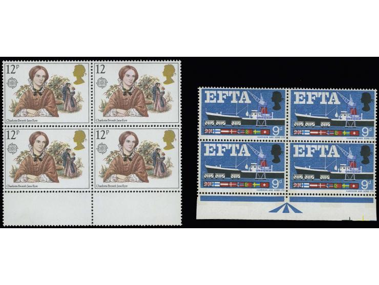 1967, EFTA 9 d. with brown colour omitted in block of four from the lower sheet margin, lightly folded in the vertical perfor