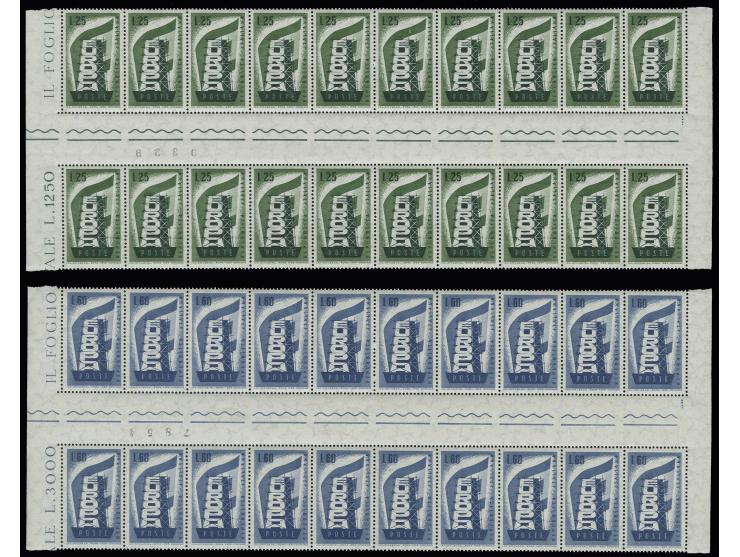 1956, 25 l. and 60 l. in horizontal gutter blocks with 20 stamps and sheet margins at left and right, unfolded, unmounted min