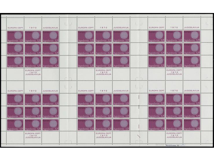 1970, 1,25 d. and 3,25 d. in complete printing sheets with 6 miniature sheets, the 3,25 d. without number on the sheet margin