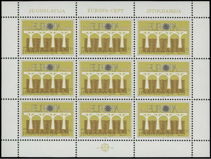 1984, 23,70 d. with background in yellow-oliv instead of  brownish-red, complete miniature sheet, unmounted mint, certificate