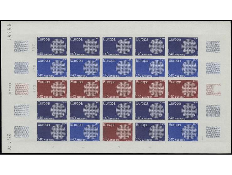 1970, timbre spécial 0,40 fr., essais de couleur violet-bleus, bleus et rouges, en feuille non dentelée de 25 timbres, neuve 