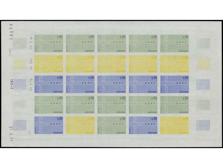 1971, timbre spécial 0,50 fr., essais de couleur verts, jaunes et rouges, en feuille non dentelée de 25 timbres, neuve sans c