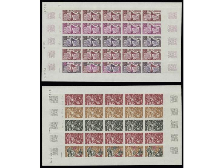 1976, timbresspéciaux 0,80 et 1,20 fr., essais de couleur, chacun en 3 couleurs différentes, chaque couleur avec 5 timbres mu
