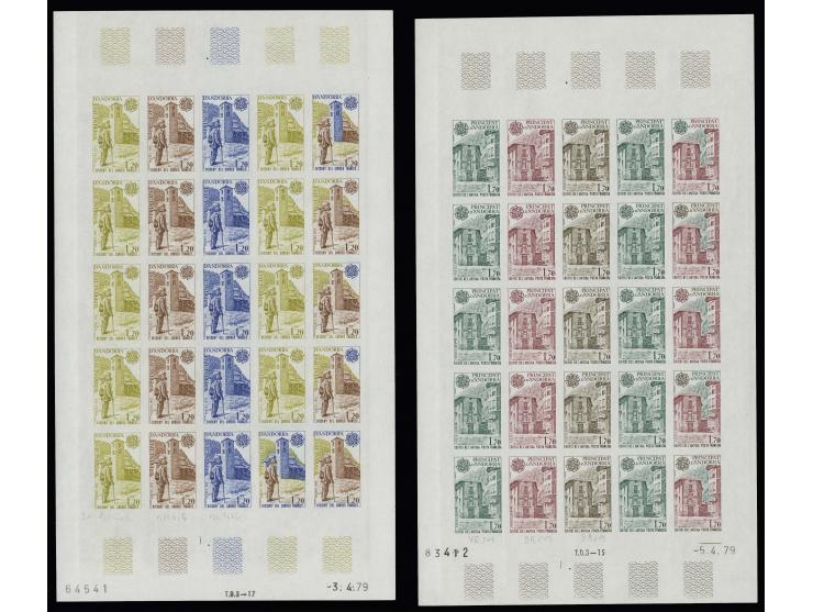 1979, timbres spéciaux 1,20 et 1,70 fr., essais de couleur, chacun en 3 couleurs différentes, chaque couleur avec 5 timbres m