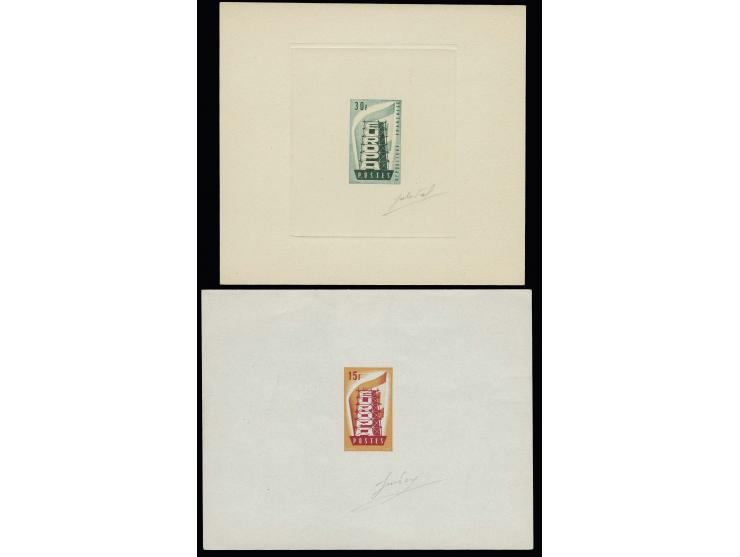 Timbre spécial 15 et 30 fr., épreuves d'artistes orange/rouge et vert clair/vert foncé, signé par le graveur