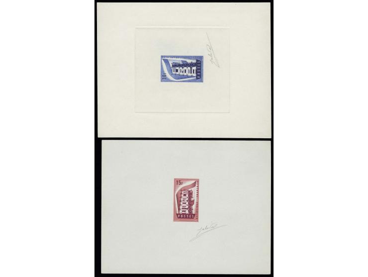 Timbre spécial 15 et 30 fr., épreuves d'artistes lilas rose/carmin et bleu cobalt/violet bleu, signé par le graveur