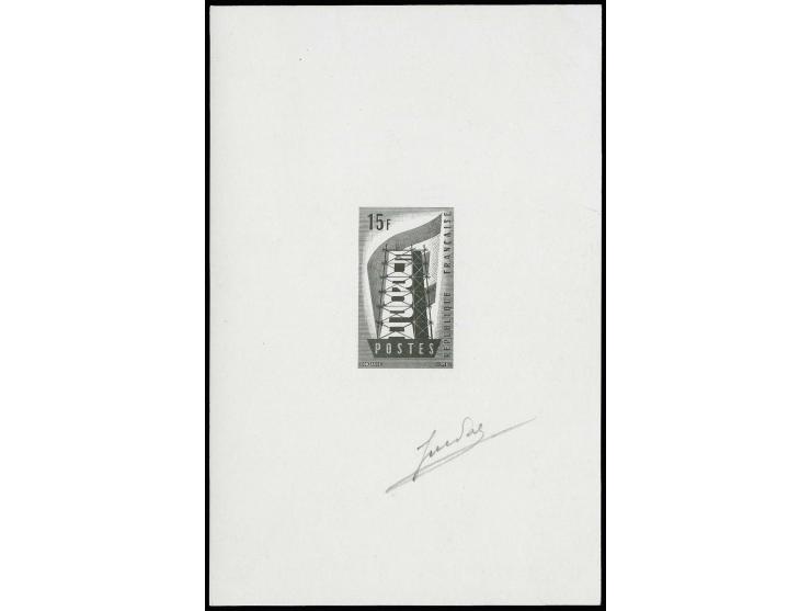 Timbre spécial 15 fr., épreuve d'artiste noir sur papier glacé épais en format portrait, signé par le graveur