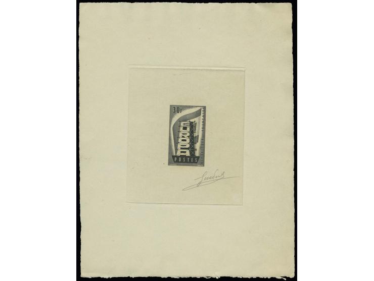 Timbre spécial 30 fr., épreuve d'artiste noir sur papier fait main, bloc en grand format, signé par le graveur, très rare