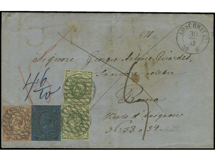 ITALIEN-KIRCHENSTAAT: 1851/63, Wappen 3 Pfennige saftiggrün, 2 Einzelwerte zusammen mit Johann 5 Neugroschen und 2 Neugrosche