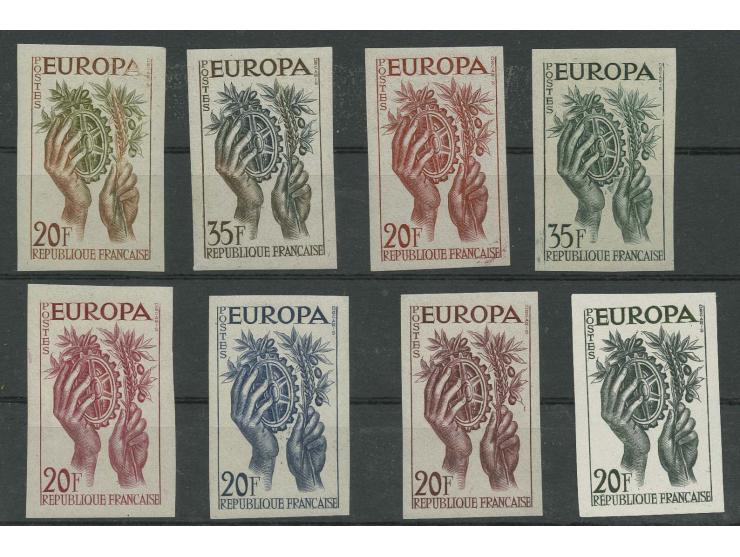 Timbre spécial 20 fr., 6 différents essais de couleur non-dentelés (une fois avec deux couleurs) et 35 fr., 2 différents essa