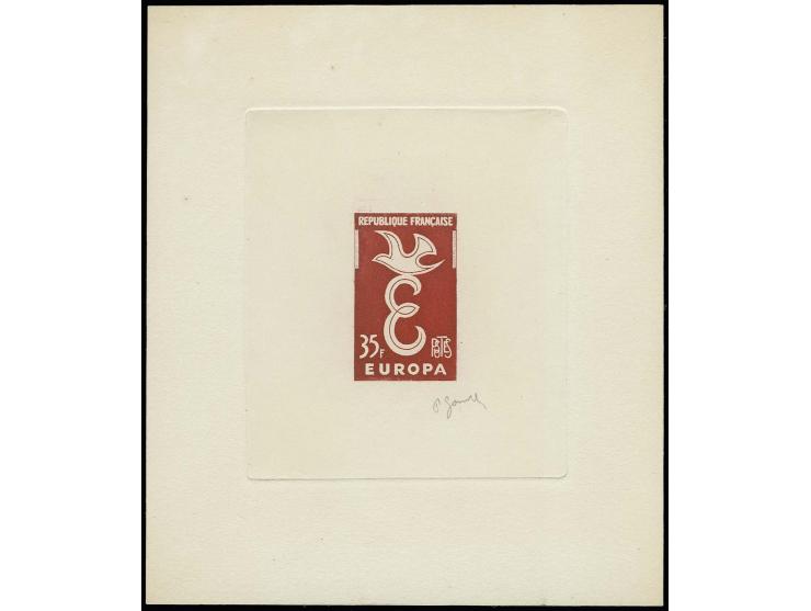 1958, timbre spécial 35 fr., épreuve d'artiste rouge sur papier carton avec signature du graveur