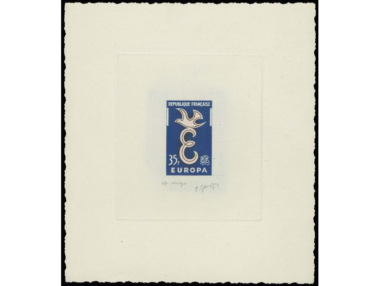 Timbre spécial 35 fr., épreuve d'artiste bleue/brune/rose, signé 'unique' par le graveur