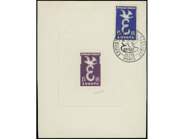 Timbre spécial 35 fr. épreuve d'artiste en violet avec signature du graveur et timbre original collé avec cachet du premier j