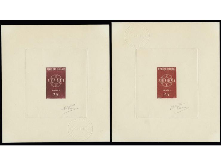 1959, timbre spécial 25 fr., épreuve d'artiste brune-rouge sur papier fait main, bloc grand format, signé par le graveur, trè