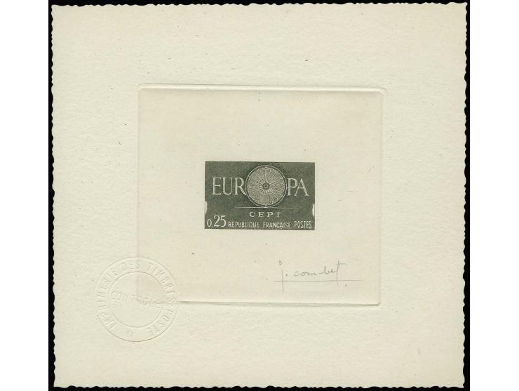1960, timbre spécial 0,25 fr., épreuve d'artiste noir-gris sur papier fait main, signé par le graveur, très rare