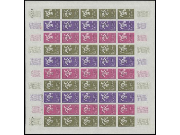 1961, timbre spécial 0,50 fr., essai de couleur olive, lilas et rose vif,  en feuille non-dentelée de 50 timbres, neuve sans 