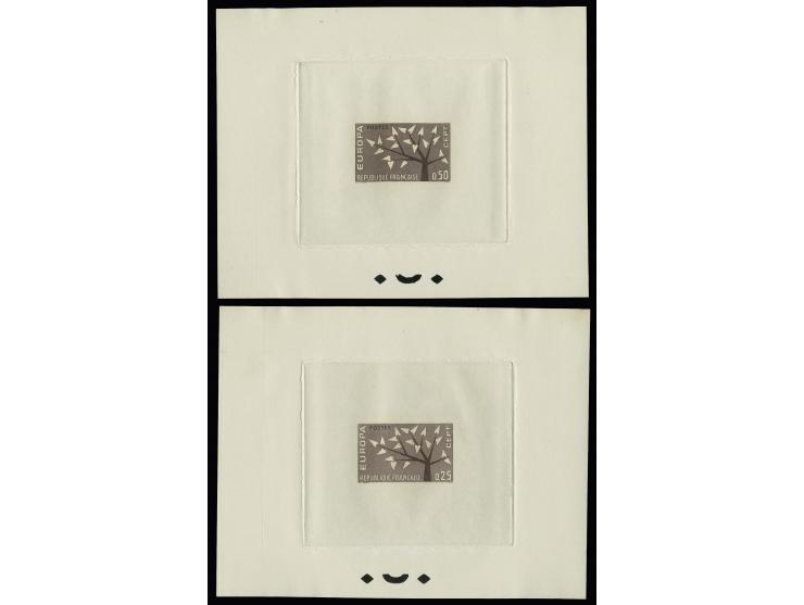1962, timbre spécial 0,25 et 0,50 fr., épreuves de mise en train sépia, très rare, éditées en quelques séries seulement