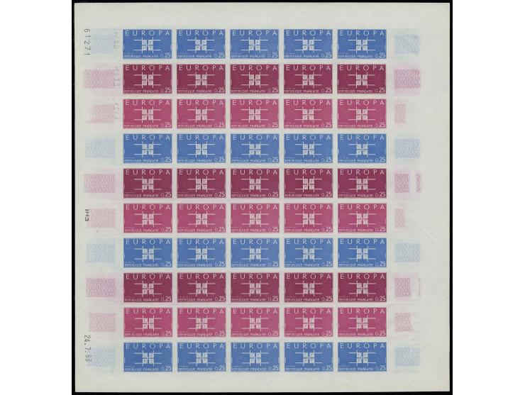 1963, timbre spécial 0,25 fr., essais de couleur bleu clair, bordeaux et rose vif,  sur feuille non-dentelée de 50 timbres, n