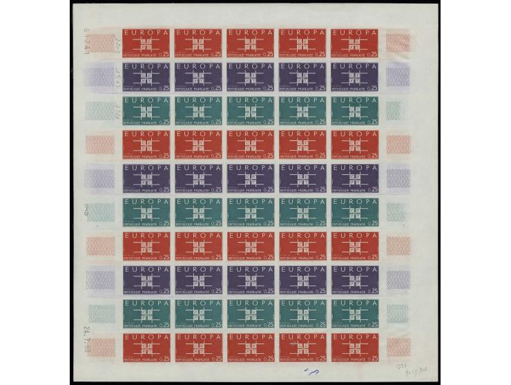 1963, timbre spécial 0,25 fr., essais de couleur non-dentelés en rouge, violet et vert, feuille complète tricolore de 50 timb