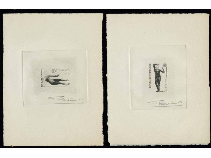 1974, Sculptures 0,50 et 0,90 fr., 2 épreuves d'artistes noirs sur papier fait main en grand format, dessin incomplet, avec s