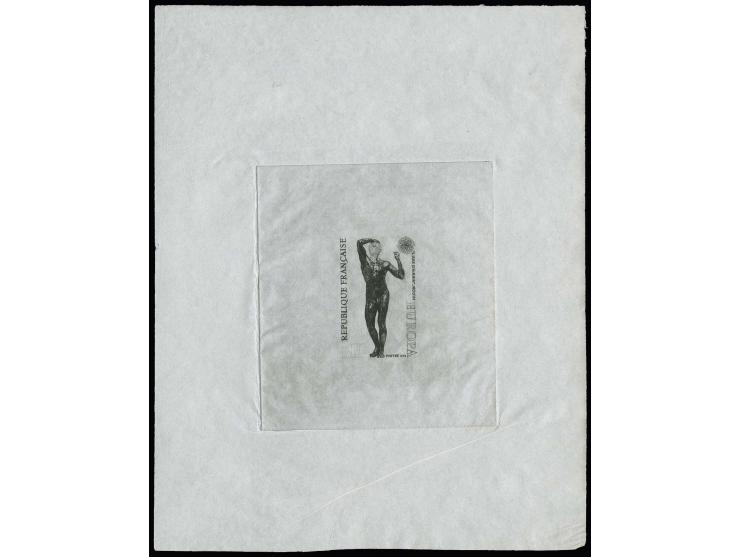 Sculptures 0,50 fr., épreuve d'artiste noir sur papier de soie, dessin incomplet, froissure d'origine, très rare