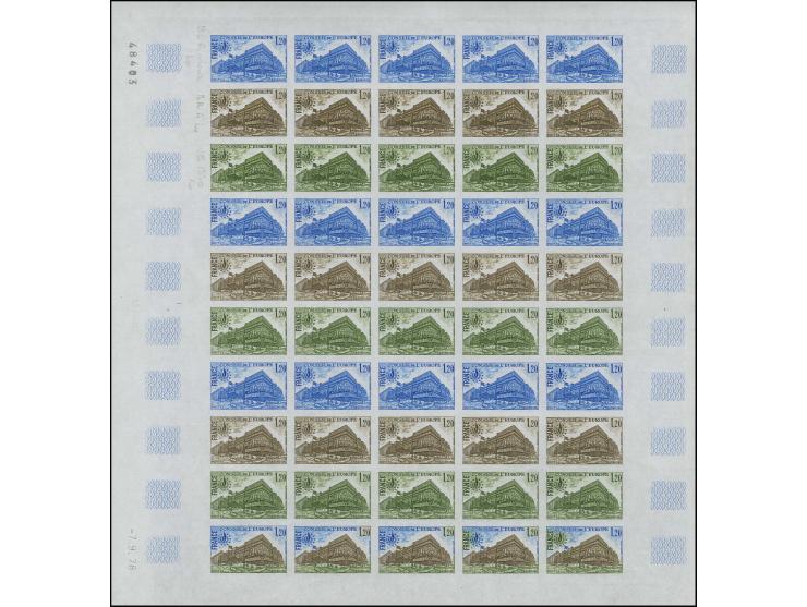 1978, Bâtiment du Conseil de l'Europe 1,20 fr., essais de couleur bleus, bruns et verts, 5 sont multicolores, en feuille non-