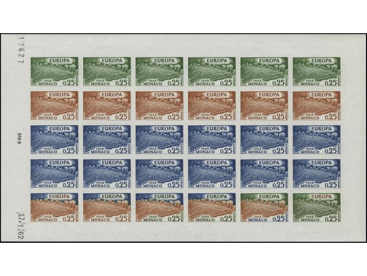 1962, timbre spécial 0,25 fr., essai de couleur vert, rouge-brun et brun, avec 6 timbres multicolores, deux en couleurs origi